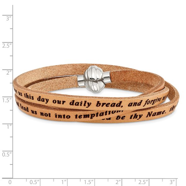 Stainless Steel Lord's Prayer Tan Leather Wrap 22.25 Inch Bracelet - Image 2