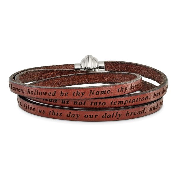 Stainless Steel Lord's Prayer Brown Leather Wrap 21 Inch Bracelet