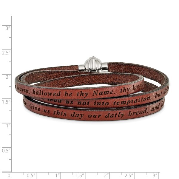 Stainless Steel Lord's Prayer Brown Leather Wrap 21 Inch Bracelet - Image 3