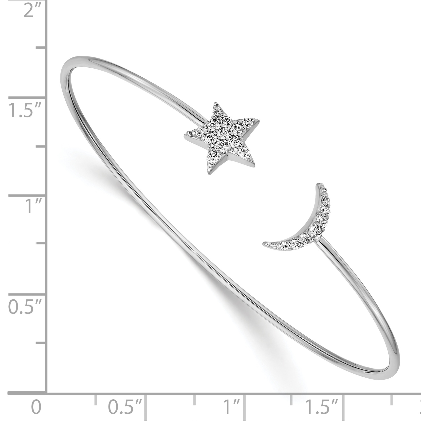 14k White Gold Diamond Moon and Star Flexible Cuff Bangle - Image 3
