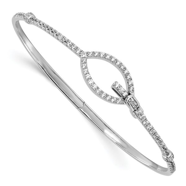 14k White Gold Polished Diamond Oval Buckle Hinged Bangle