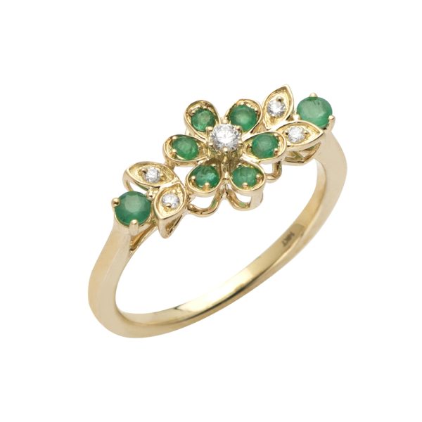 14KY 0.10CTW DIAMOND & EMERALD FLOWER RING