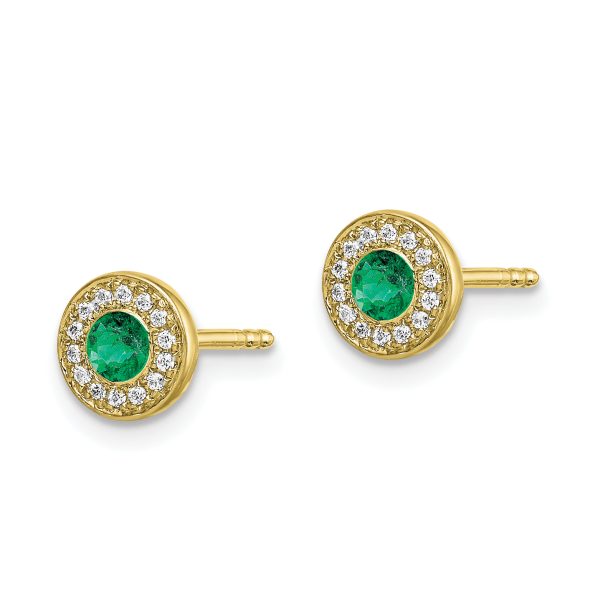 14k Gold Diamond and Emerald Halo Post Earrings - Image 2