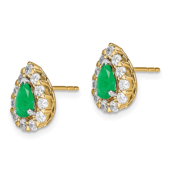 14k Pear Emerald and Diamond Halo Post Earrings - Image 2