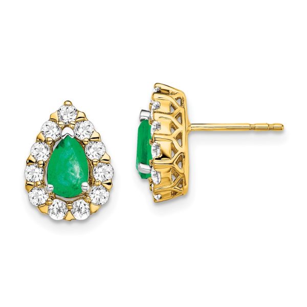 14k Pear Emerald and Diamond Halo Post Earrings