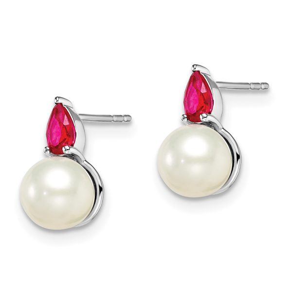 14k White Gold FWC Pearl and Ruby Post Earrings - Image 2