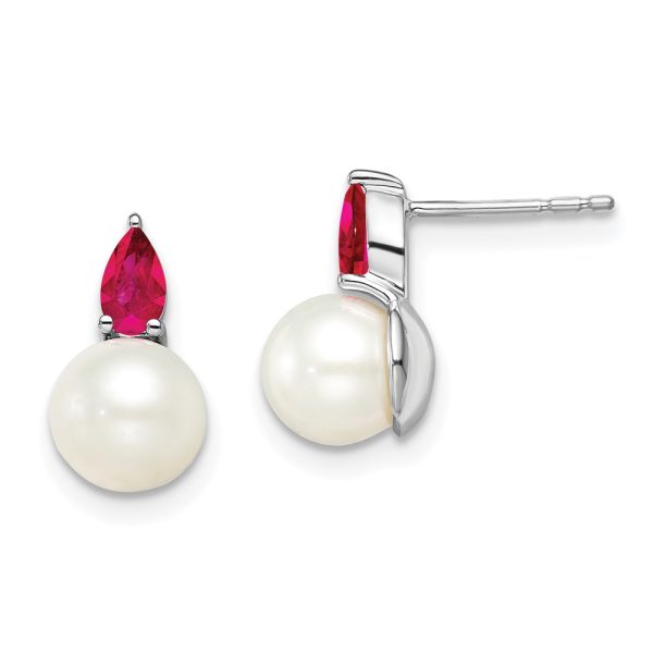 14k White Gold FWC Pearl and Ruby Post Earrings