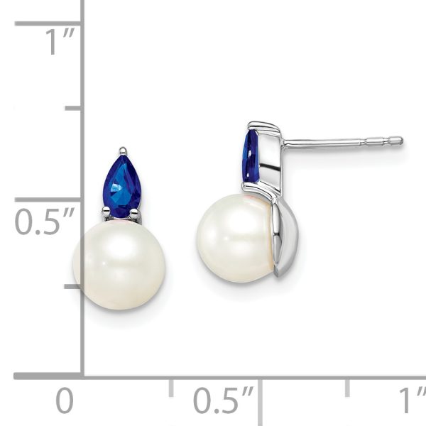 14k White Gold FWC Pearl and Sapphire Post Earrings - Image 2