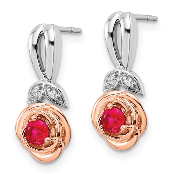 14K Two-tone White & Rose Ruby and Diamond Flower Post Earrings - Image 2