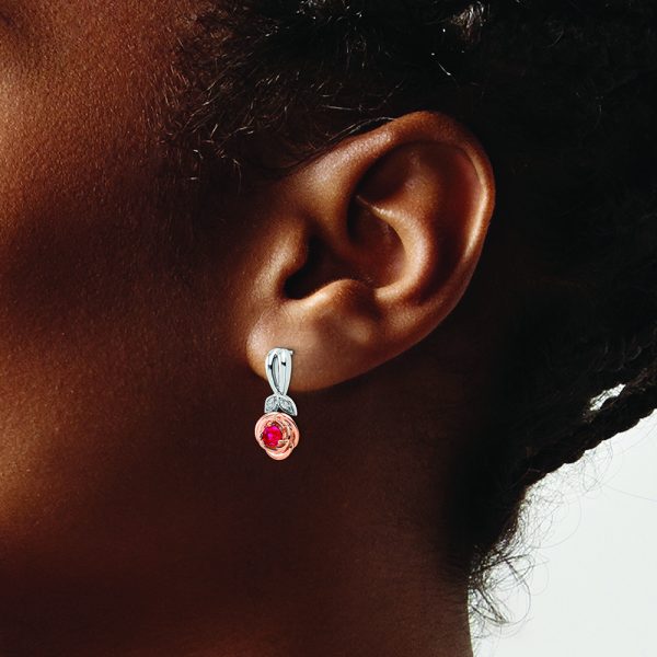 14K Two-tone White & Rose Ruby and Diamond Flower Post Earrings - Image 4