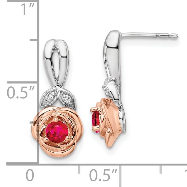 14K Two-tone White & Rose Ruby and Diamond Flower Post Earrings - Image 3
