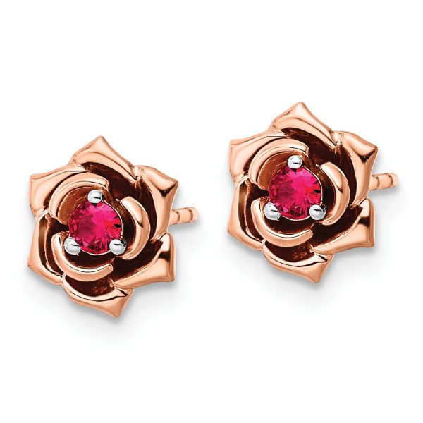 14K Two-tone White & Rose Ruby Flower Post Earrings - Image 2