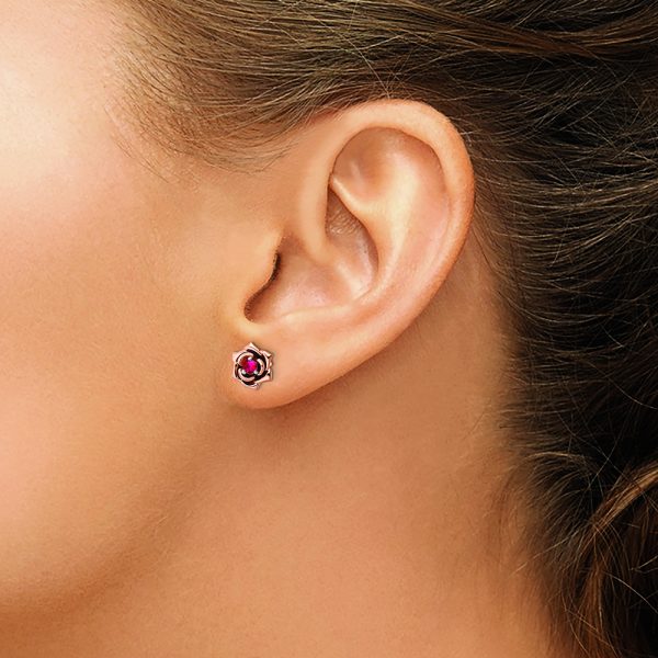 14K Two-tone White & Rose Ruby Flower Post Earrings - Image 4