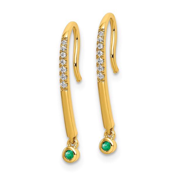 14k Polished Diamond and Emerald Drop Wire Earrings - Image 2