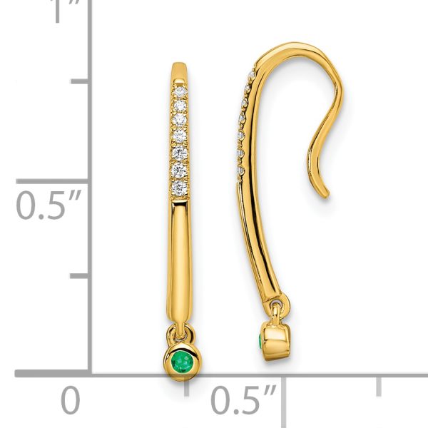 14k Polished Diamond and Emerald Drop Wire Earrings - Image 3