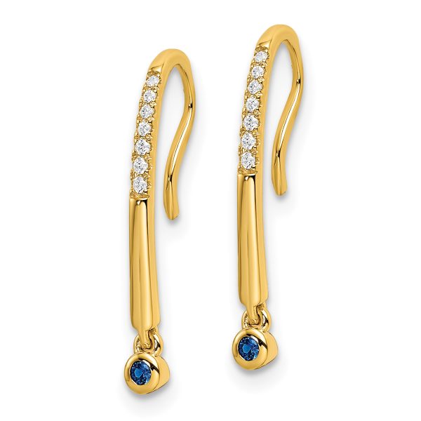 14k Polished Diamond and Sapphire Drop Wire Earrings - Image 2