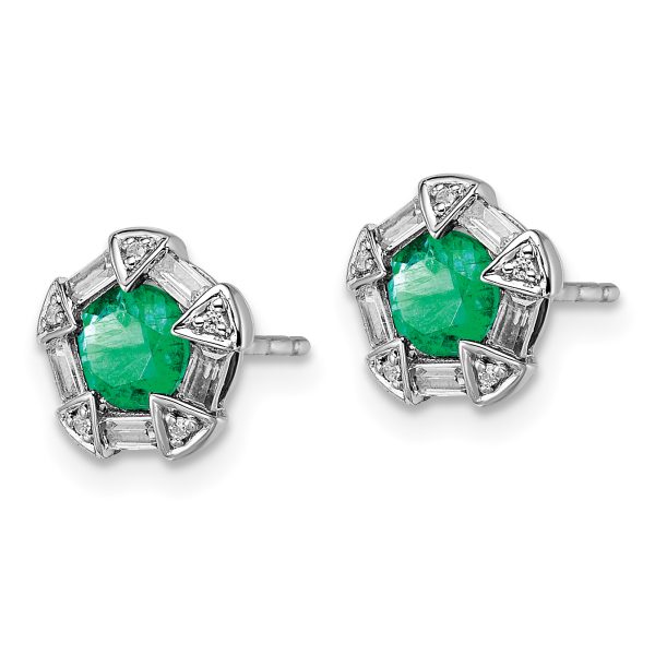 14k White Gold Emerald and Diamond Post Earrings - Image 2