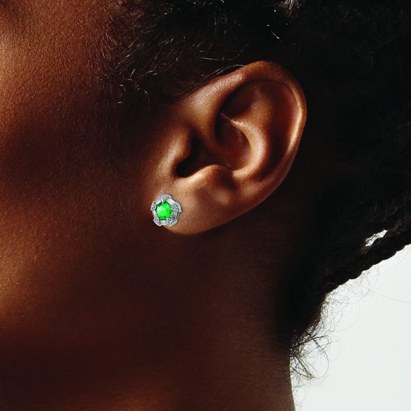 14k White Gold Emerald and Diamond Post Earrings - Image 4