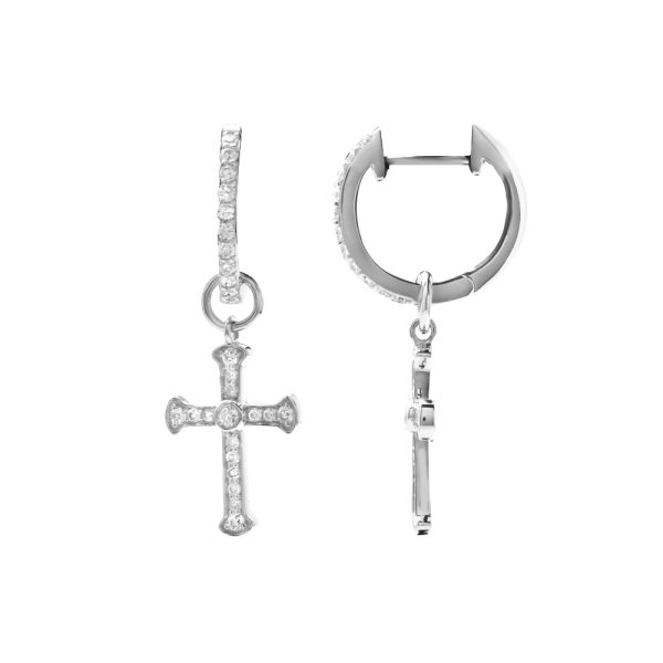 14KW 0.50CTW DIAMOND DANGLING CROSS HOOP EARRINGS