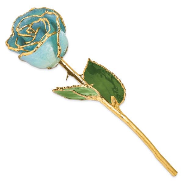 Lacquer Dipped Gold Trim Aquamarine Blue Rose - Image 2