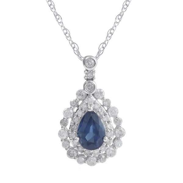 0.28 Carat Round Diamond and Pear Shape Sapphire Pendant Necklace in 10K White Gold