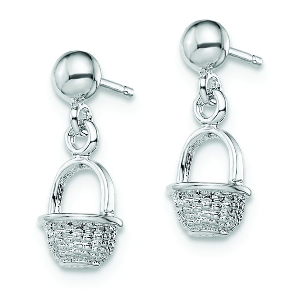 Sterling Silver Polished 3D Mini Basket Dangle Post Earrings - Image 2