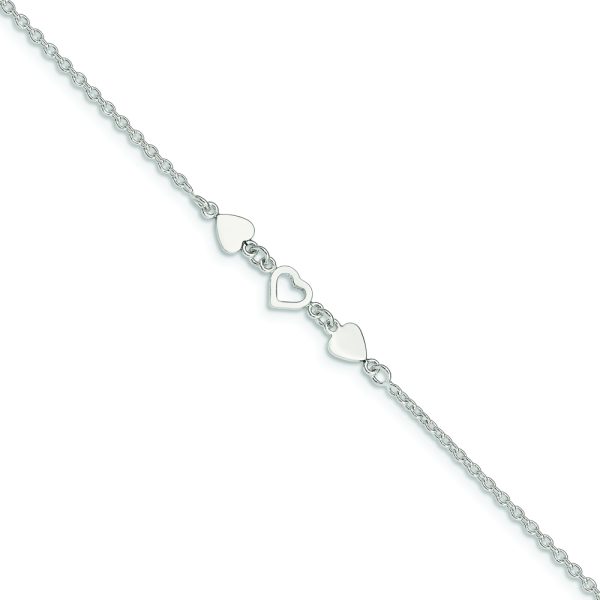 Sterling Silver 8 inch Plus 1in ext.Heart Link Anklet