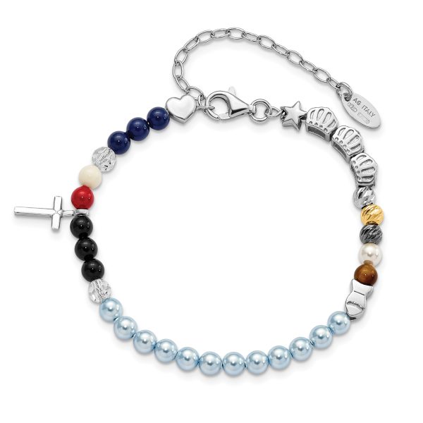 Sterling Silver RH-pltd Jesus Story Glass Prl Onyx Agate Cross 6in Bracelet - Image 2
