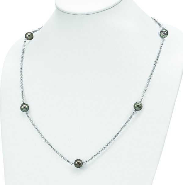Sterling Silver Rhodium 8-9mm Baroque 5stat Tahit Saltwater Pearl Necklace - Image 3
