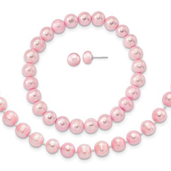 Sterling Silver Rh-p 7-8mm Pink FWC Pearl Earring Bracelet Necklace Set