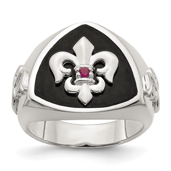 Sterling Silver .03Ruby/Black Agate Fleur de Lis Ring