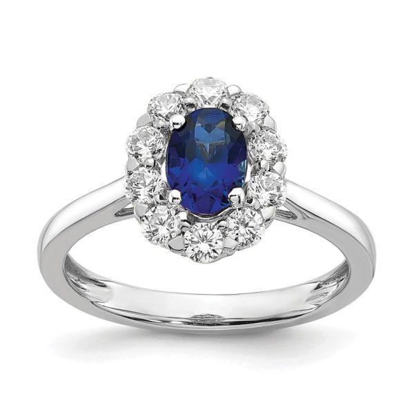 14K White Gold Lab Grown VS/SI FGH Dia & Cr. Oval Blue Sapphire Fashion Rin