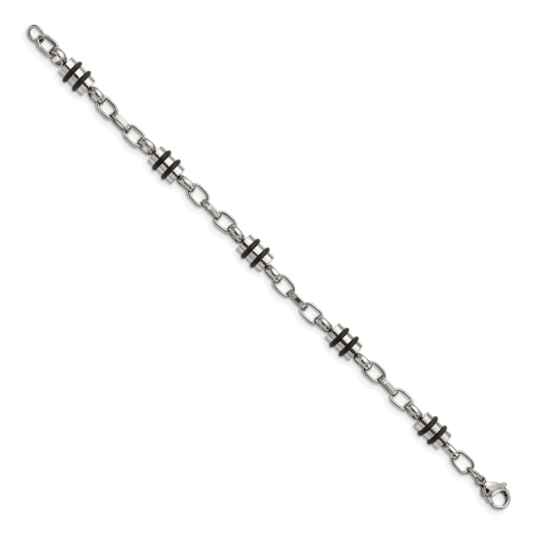 Stainless Steel Polished w/Black Rubber Barrel Link 8in Bracelet - Image 3