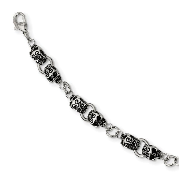 Stainless Steel Antiqued and Polished Skull 24in Necklace - Image 3