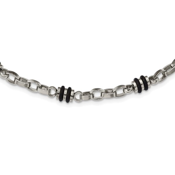 Stainless Steel Polished w/Black Rubber Barrel Link 22in Necklace - Image 2