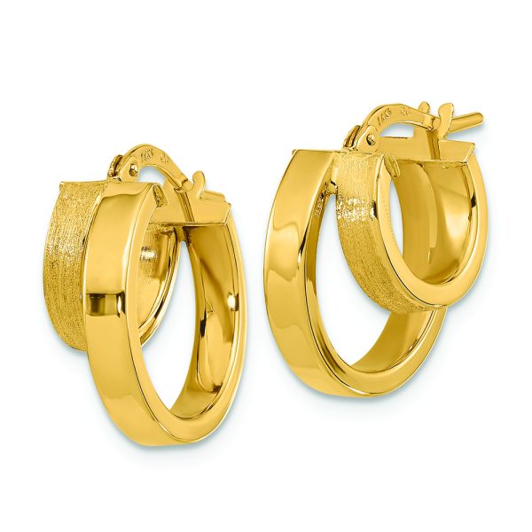 14K Polished and Brushed Square Tube Double Hoop Earrings - Image 2