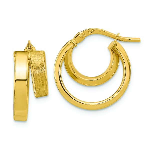 14K Polished and Brushed Square Tube Double Hoop Earrings