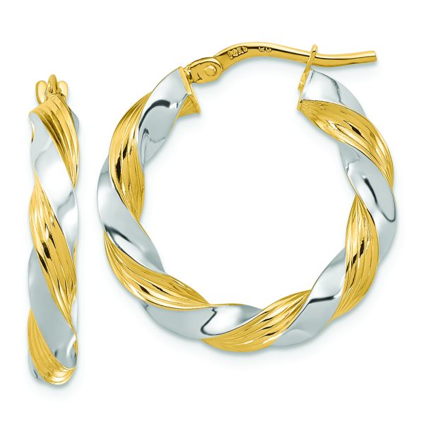 14k w/White Rhodium Polished Twisted Hoop Earrings