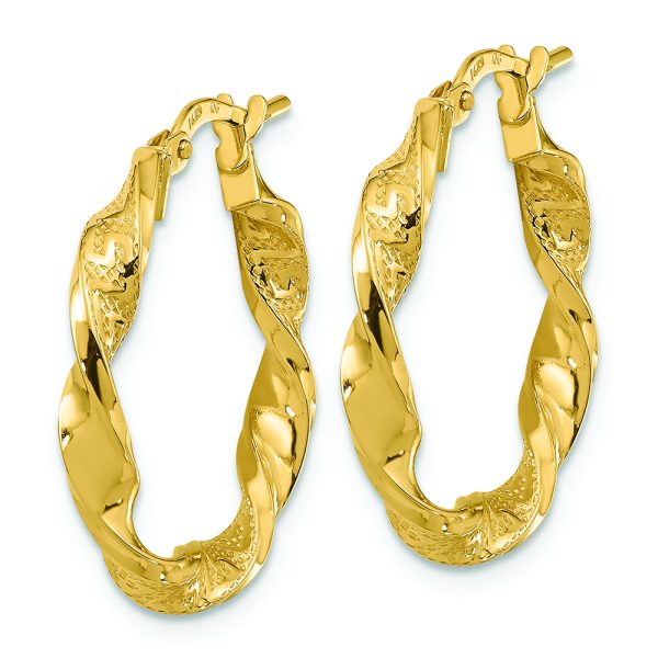 14k Polished and Textured Twisted 3mm Hoop Earrings - Image 2