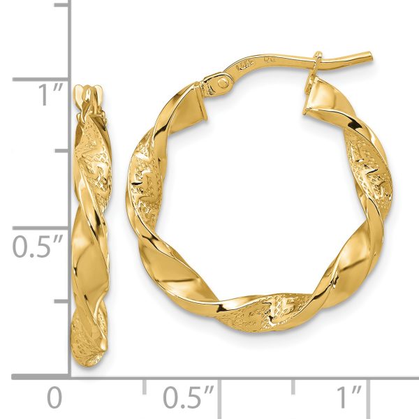 14k Polished and Textured Twisted 3mm Hoop Earrings - Image 3