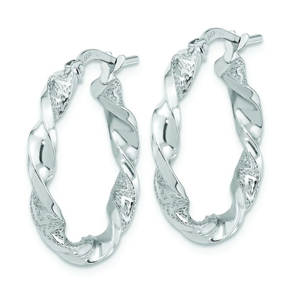 14k White Gold Polished and Textured Twisted Hoop Earrings - Image 2