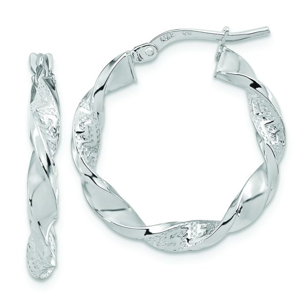 14k White Gold Polished and Textured Twisted Hoop Earrings
