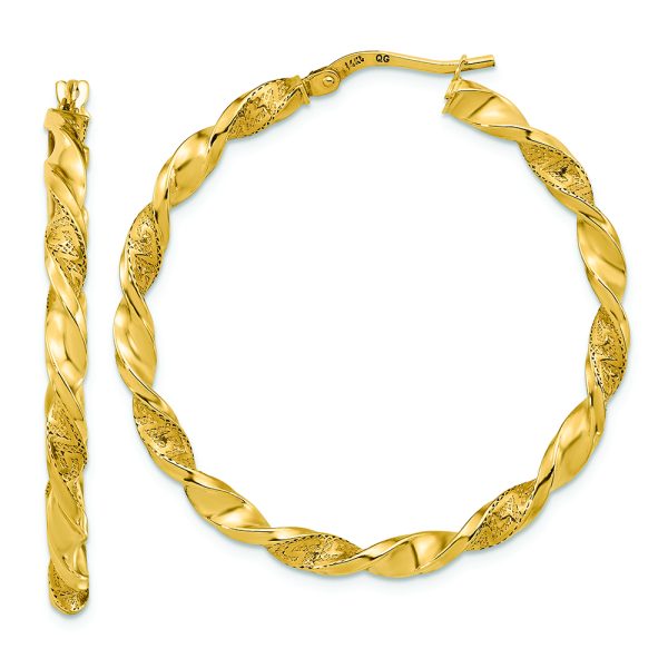 14K Polished and Textured Twisted Hoop Earrings