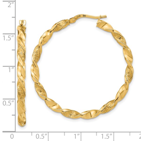 14K Polished and Textured Twisted Hoop Earrings - Image 3