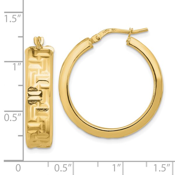 14K Polished Textured Aztec Pattern Hoop Earrings - Image 3