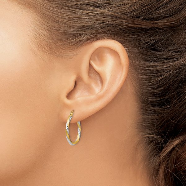 14k & Rhodium Satin Diamond Cut Twisted Hoop Earrings - Image 3