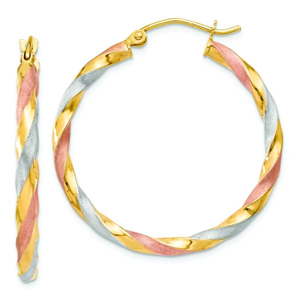 14k White & Rose Rhodium Satin Twisted Hoop Earrings