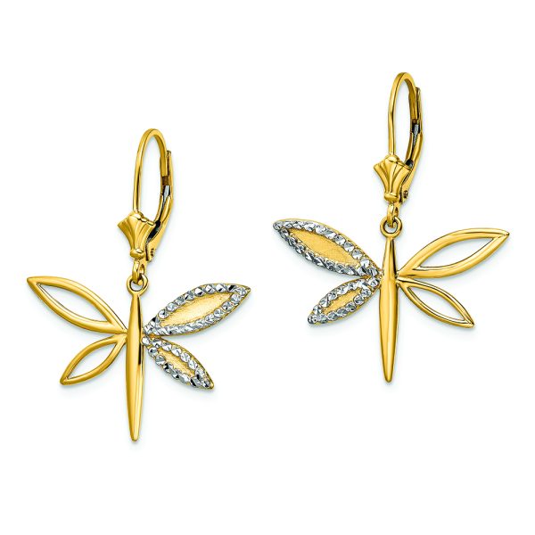 14k & White Rhodium D/C Dragonfly Leverback Earrings - Image 2