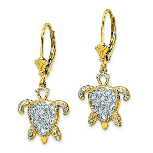 14k & White Rhodium D/C Filigree Turtle Leverback Earrings - Image 2