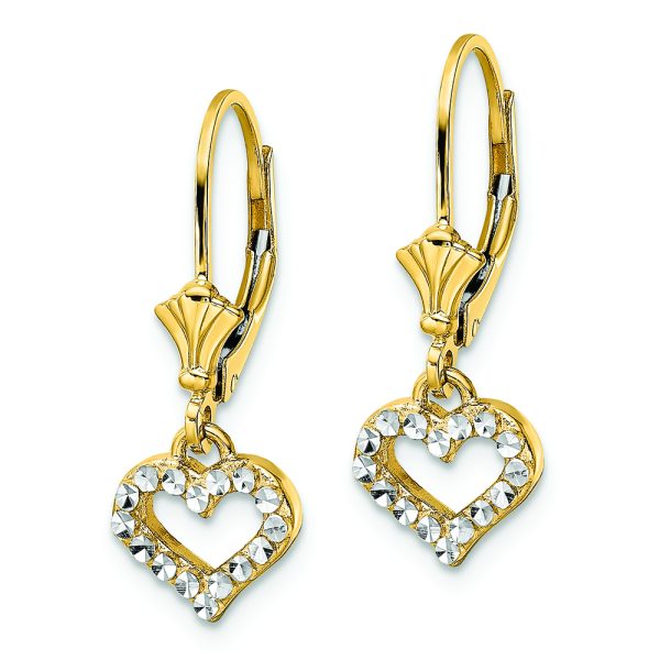 14k & White Rhodium D/C Heart Leverback Earrings - Image 2